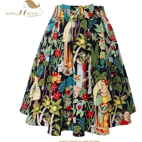 SISHION Y2K XS-XXL Plus Size Women Skirt SS0012 Floral Printed With Pockets and Bow 50s 60s Cotton Vintage Retro Pleated Skirt