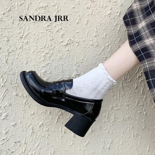 SANDRA JRR Retro RoundToe Brogue Pumps Shoes Women Med Heel Slip On Spring Leather Heels Shoes 6 CM