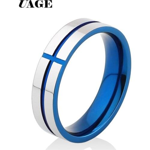 UAGE 6mm Couples Rings Stainless Steel Blue Gold Cross Engagement Rings For Women Men Lovers Fashion Wedding Ring