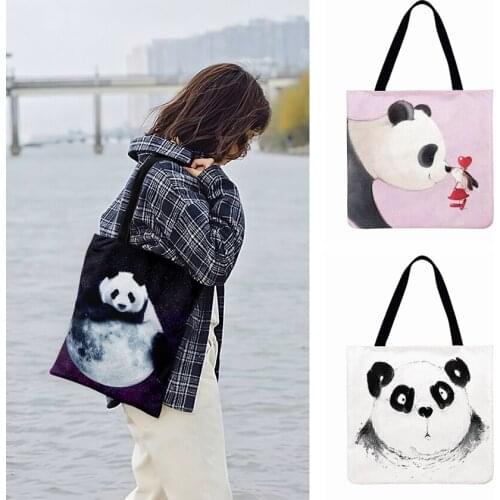 Outdoor Beach Bag Cartoon Panda Painting Printed Tote Bag For Women Casual Tote Ladies Shoulder Bag Linen Febric Shopping Bag