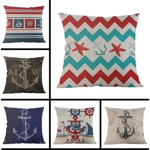 Vintage ocean wind cushion cover Pillow cover linen Retro Blue ocean anchor Geometric stripe Home Decoration Cushions covers