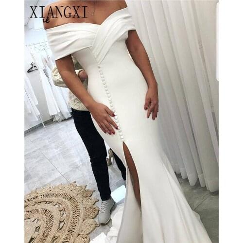 Amazing Split Front Mermaid For Women 2020 White Satin Off Shoulder African Women Bridal Gowns Vestido de noiva