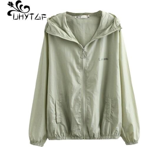 UHYTGF Hooded Ice Silk Summer Tops Coat Women Outdoor Anti-UV Breathable Thin Sun Protection Clothing 4XL Plus Size Jacket 2040
