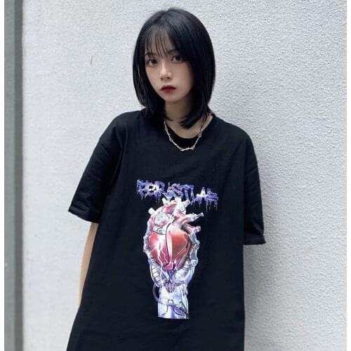 Vintage Women T-Shirts Anime Cartoon Dark Print Loose Black Tops Streetwear Punk Gothic Y2K Korean Cotton Dropshipping Clothes