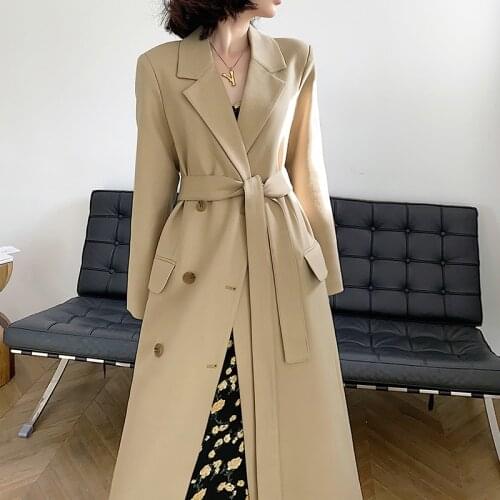 Te024 Khaki Womens Long Loose Temperament Trench Coat Casual Lapel Single-breasted Windbreaker Jacket With Belt ветровка женская