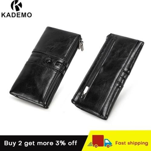 KADEMO RFID Blocking Women Wallet Genuine Leather Female Clutch Long Wallet Womens Money Bag Card Coin Purse Cell Phone Bag