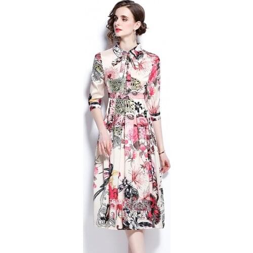 Runway Floral Print Shirt Dress 2021 Women Elegant Long Sleeve Bow Tie Collar High Waist Vintage Midi Vestidos k6422