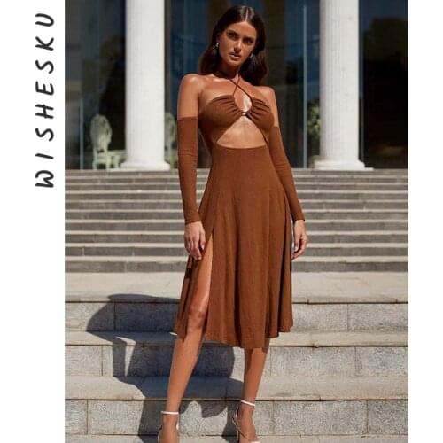 Ribbed Sexy Split Cut Out Dress 2021 Autumn Holiday Elegant Midi Dresses For Women Backless Bandage Prom Female Vestidos