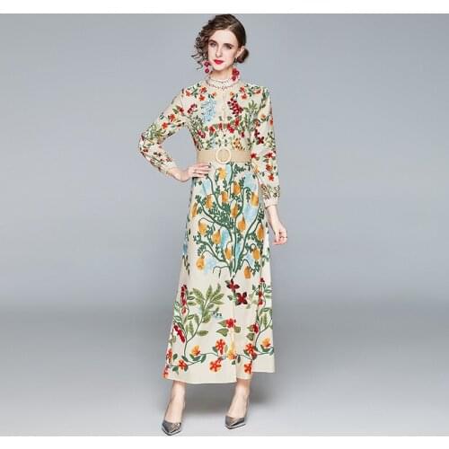 Fashion Floral Print Vintage Single-Breasted Maxi Dress Autumn Runway Long Sleeve Stand Collar Sashes Holiday Long Dress