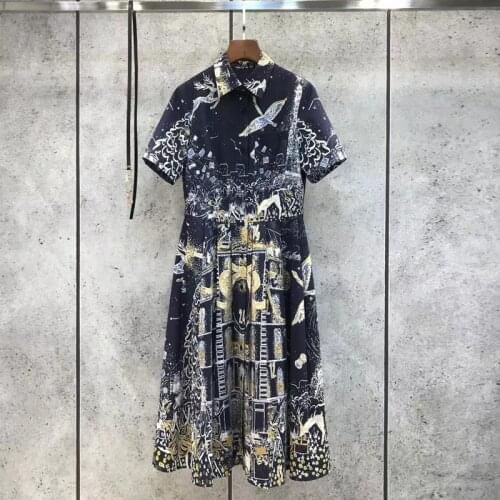 100% High Cotton Quality 2021 Summer Designer Flower Letters Print Blue Elegant Midi Vintage Shirt Dress