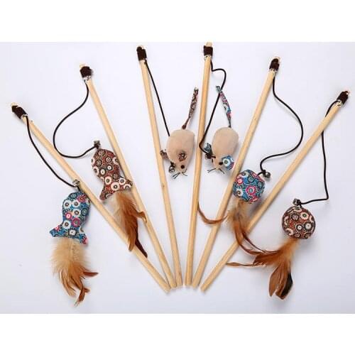 1pc Fish Ball Mouse Feather Wooden Handle Interactive Fun Pet Teaser Toy