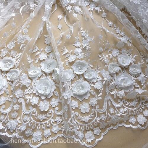 155CM width 3D beads Wedding bridal Dress Applique DIY Bridal Headdress scarf veil Embroidered Lace Fabric Patch free shipping