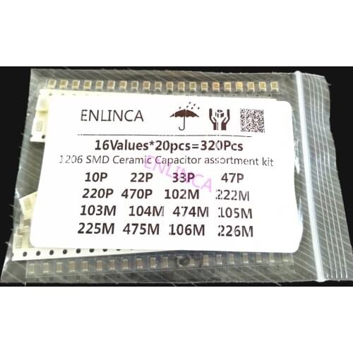16ValuesX20pcs=320Pcs 10PF-22UF Electronic Capacitor set 1206 0805 0603 SMD Ceramic Capacitor assortment kit