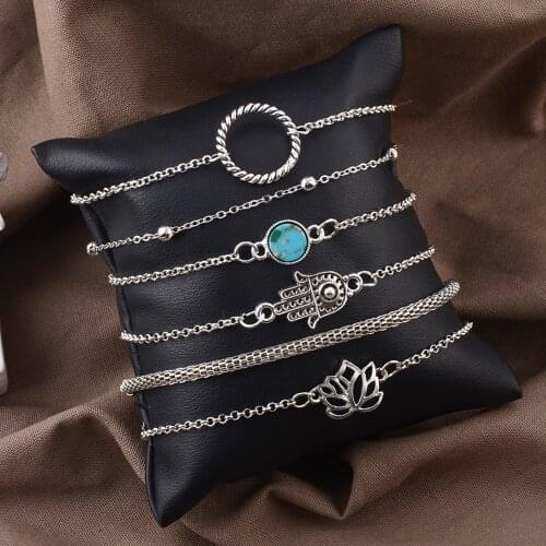 6 Pcs/Set Bohemian Bangle Fatima Hand Hollow Lotus Bead Gem Scrub Silver Color Bracelet Set Women Party Wedding Jewelry