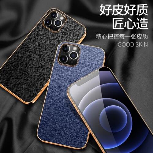 Full Grain Litchi Leather Cover For Iphone 13 12 Pro Max Mini Genuine Leather Metal Back Case Metal Button Vintage Business