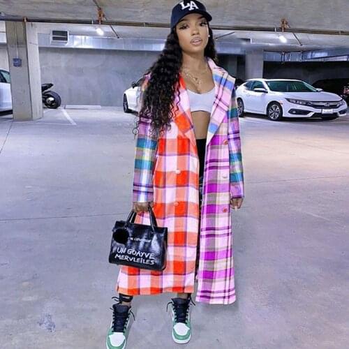 Colorful Plaid Long Winter Jacket and Coat for Women Double-breasted Long Sleeve Outwear Streetwear Casual Chic Top Femme Veste