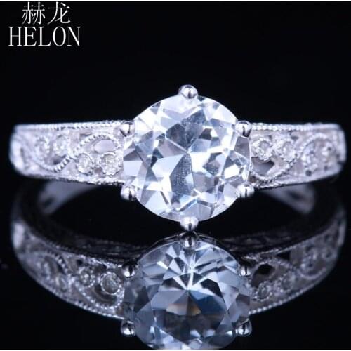 HELON Solid 10k White Gold Flawless Round 2.12ct Natural White Topaz Diamonds Engagement Ring Women Vintage Style Fine Jewelry