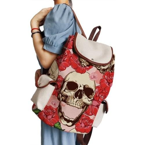 Red Floral Skull Printed Handbags Bright Colors Drawstring Backpack Cartoon Cool Halloween School Bag Large Capacity Book Bag
