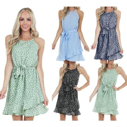 Summer Women Dress For 2021 Dot Color Print Ruffles Sleeveless With Belt Sexy Beach Style 4 Colors Halter Female Vestido C2695