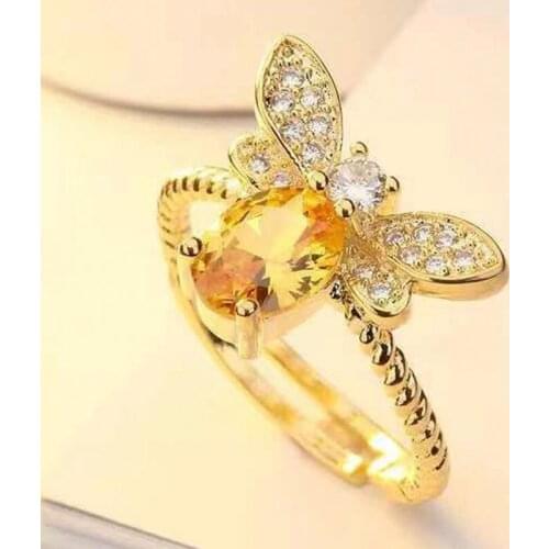 Milangirl Exquisite Elegant Sweet Cute Yellow Crystal Bee Ring for Women Female Wedding Golden Ring Jewelry Party Accessories