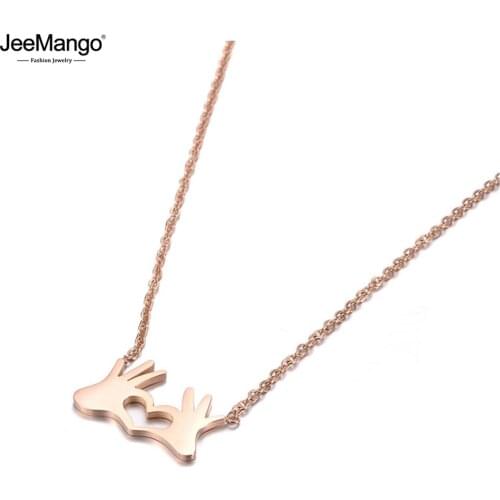 JeeMango Trendy Titanium Steel Heart Charm Pendant Necklaces Jewelry Rose Gold OK Choker Party Necklace For Women Girls JN19096