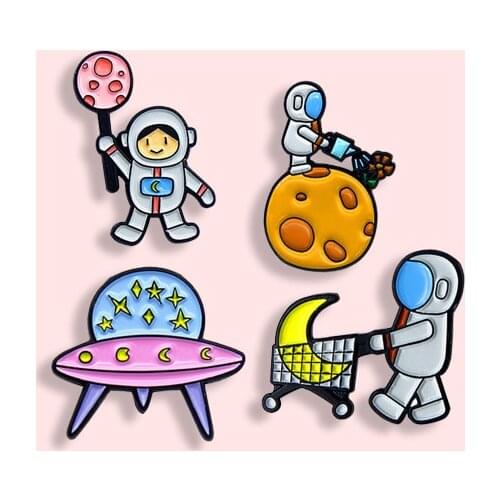 Fashion Cartoon Astronaut Badge Cute Watering Flower Shopping Balloon UFO Metal Enamel Brooch Simple Lapel Backpack Jewelry Gift