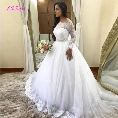 New Gorgeous Long Sleeves Off the Shoulder Lace Tulle Wedding Dress Bridal Gowns robe de mariee Ball Gown Wedding Dresses