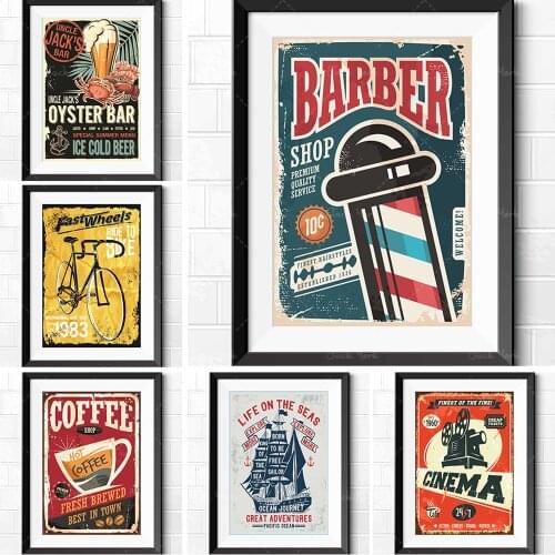 Retro style cinema coffee biker motorcycle bar billiard barber shop nautical American restaurant poster