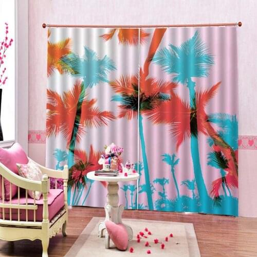 Custom 3D Blackout curtain Hand drawn Seaside coconut tree Curtains For Living room Bedroom (left and right Double side)