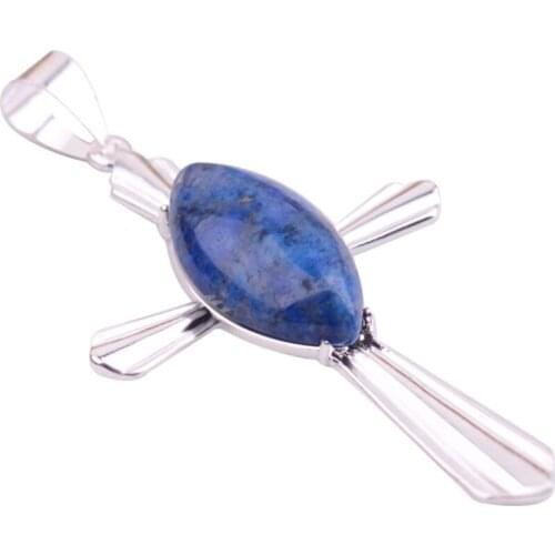 Silver Plated Marquise Lapis Lazuli Pendant Link Chain Necklace Red Agates Cross Classic Style Jewelry