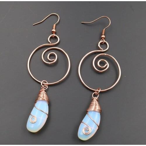 FYJS Unique Rose Gold Color Circle Wire Wrap Eggplant Shape Amethysts Stone Drop Earrings Opalite Opal Jewelry