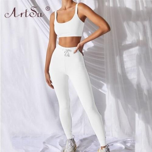 ArtSu Activewear Sporty Two Piece Set Elastic Tank Top And Long Pant Tracksuit Outfit 2 Piece Set Women Jogging Femme Workout