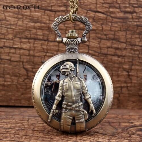 Vintage Hollow Handsome Soldier With Gun Quartz Pocket Watch For PUBG Theme Cos Steampunk Pocket Watch With Necklace FOB Chain