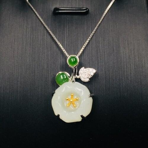 Boutique Jewelry S925 Silver Inlaid Hetian Jade Pendant Fashion Lotus Necklace, Designed for Women To Create Gifts