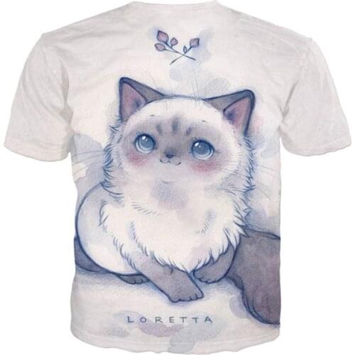 2021 Female Summer New Cute Cat Round Neck 3D Digital Printing T-Shirt Fashion Casual Cute Style Womens Clothing Camisetas De m