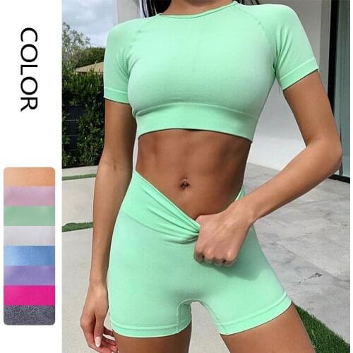 2021 New Summer 2 Piece Set Women Seamless Yoga Set Sports Sleeves T-shirt Yoga Shorts Sets Seamless Fitness Suit Sportswear