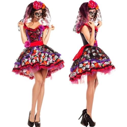 Women Halloween Sexy Creative Skull Ghost Corpse Bride Costume Skeleton Day of The Dead Costume Cosplay Flower Fairy Fancy Dress