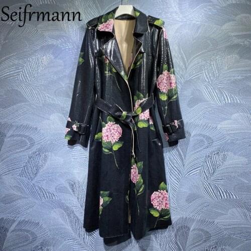 Seifrmann New 2021 Autumn Women Fashion Designer Trench Coats Long Sleeve Bow Sashes Floral Printed Loose Ladies Coat Overcoat