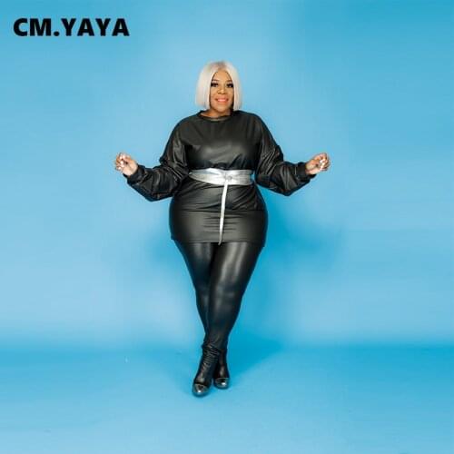 CM.YAYA Active Plus Size XL-5XL Faux Leather Womens Set Jumper Tops Legging Pants Suit Tracksuit Two Piece Set Fitness Outfit