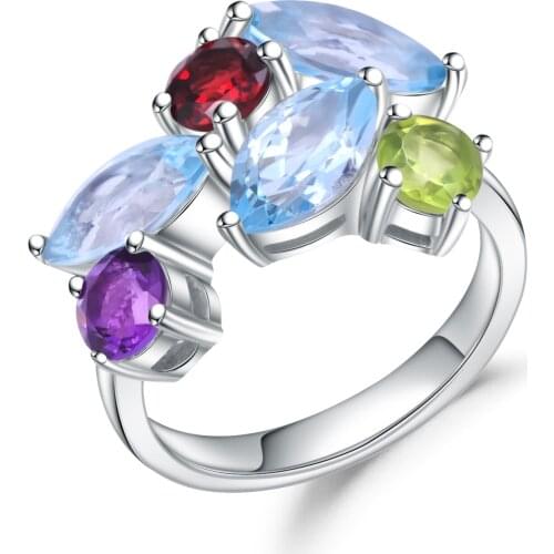 Gems Ballet Multicolor Natural Sky Blue Amethyst Garnet Peridot Topaz Cocktail Ring Silver 925 Jewelry Ring For Women sieraden