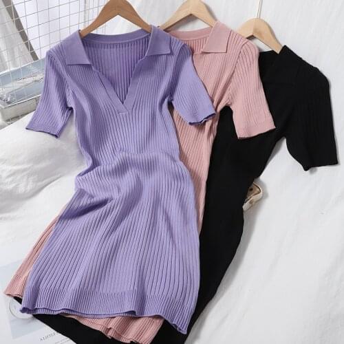 Ladies Fashion Ribbing Knit Dress Short Sleeve Solid V-neck Bodycon Sexy Dresses WL84