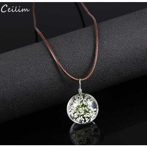Natural Dried Flower Dandelion Pendant Necklace Women Handmade Leather Chain Transparent Glass Ball Necklace Lucky Wish Jewelry
