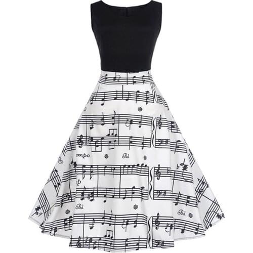 Women Sleeveless Summer Vintage Dresses Sexy Black Music Note Print O-neck Pin Up Party Dress Vestidos Plus Size
