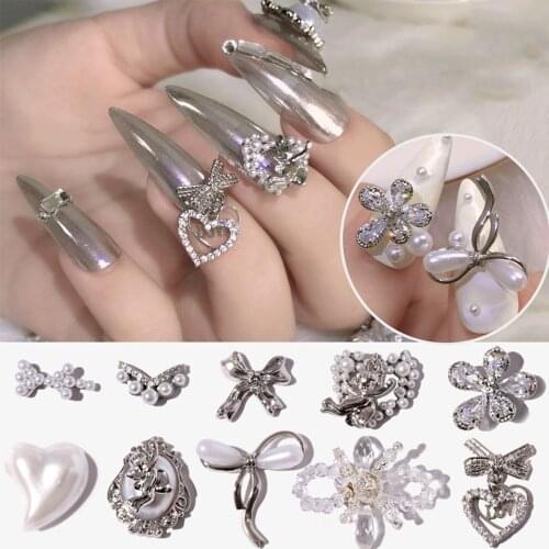 1/2pcs NEW Nail Art Bowknot Pearl Three-dimensional Nail Decoration Explosive Baroque Silver Love Diamond Zircon Drill