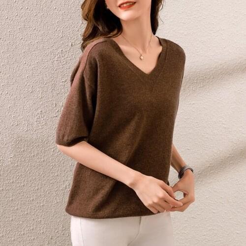 100% Autralian Wool Knitted Sweaters Vneck Women Knitwears Half Sleeve Womens Sweaters Ladies Fashion Pullovers Clothes