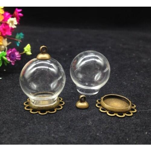 100sets/lot 20*12mm Glass globe bronze plated lace setting tray beads cap glass vials dome pendant DIY glass necklace pendants