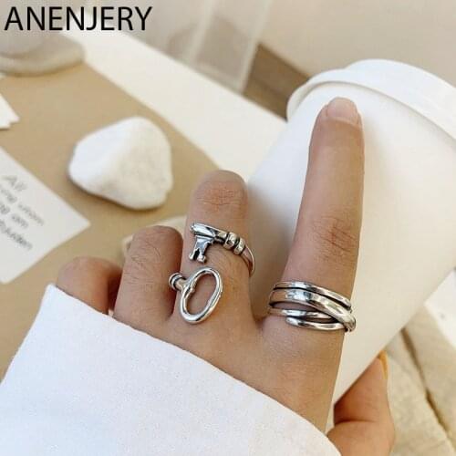 ANENJERY 925 Sterling Silver Fashion Retro Mutil Layer Key Shaped Thai Silver Ring Open Finger Ring For Women Men Jewelry S-R692