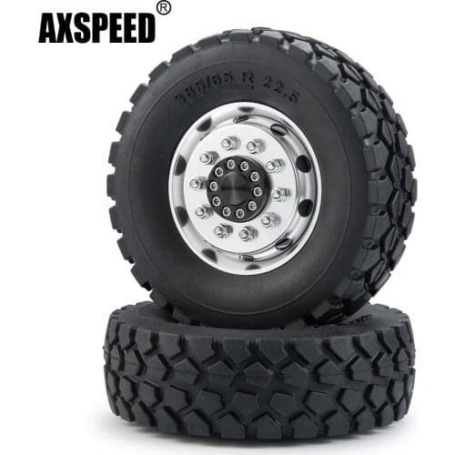 AXSPEED 2Pcs Metal Front Wheel Hub Rim with 30mm Width Black Rubber Tires for 1/14 Tamiya RC Trailer Tractor Truck Car Parts