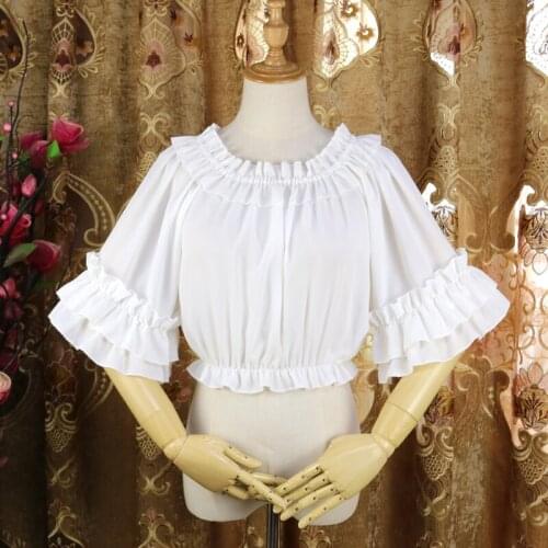 Ruffle Chiffon Blouse Party Top Casual Loose Japanese Lolita Style Gothic Shirt Short Women Sweet Kawaii Top White Apricot Black