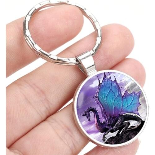 Blue Dragon Keychain Pendant Wings Dragon Key Chain Ring Holder 3d Glass Dome Cabochon Picture Fashion Keyring Men Women Gift